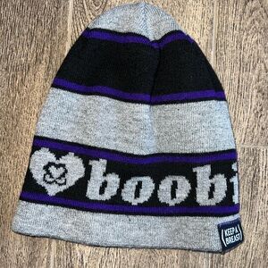 Keep A Breast “I ❤️ Boobies” Beanie / Toque | Jacquard Knit | Grey Black Purple